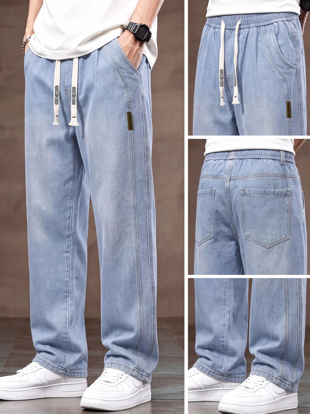 Men's drawstring elastic waist straight leg Pocket jeans solid color casual versatile non stretch denim pants, fit straight leg version, suitable for all seasons