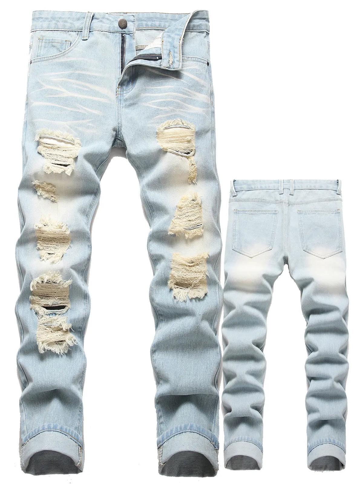 Men's Classic Cotton Distressed Retro Foldable Straight Leg Denim Jeans - 4-Season Comfortable Casual Bottoms with Zipper, Durable Fabric, Pockets, Embroidery, Buttons, Ideal for Retro Street, Halloween, Thanksgiving, Easter, Valentine's Day