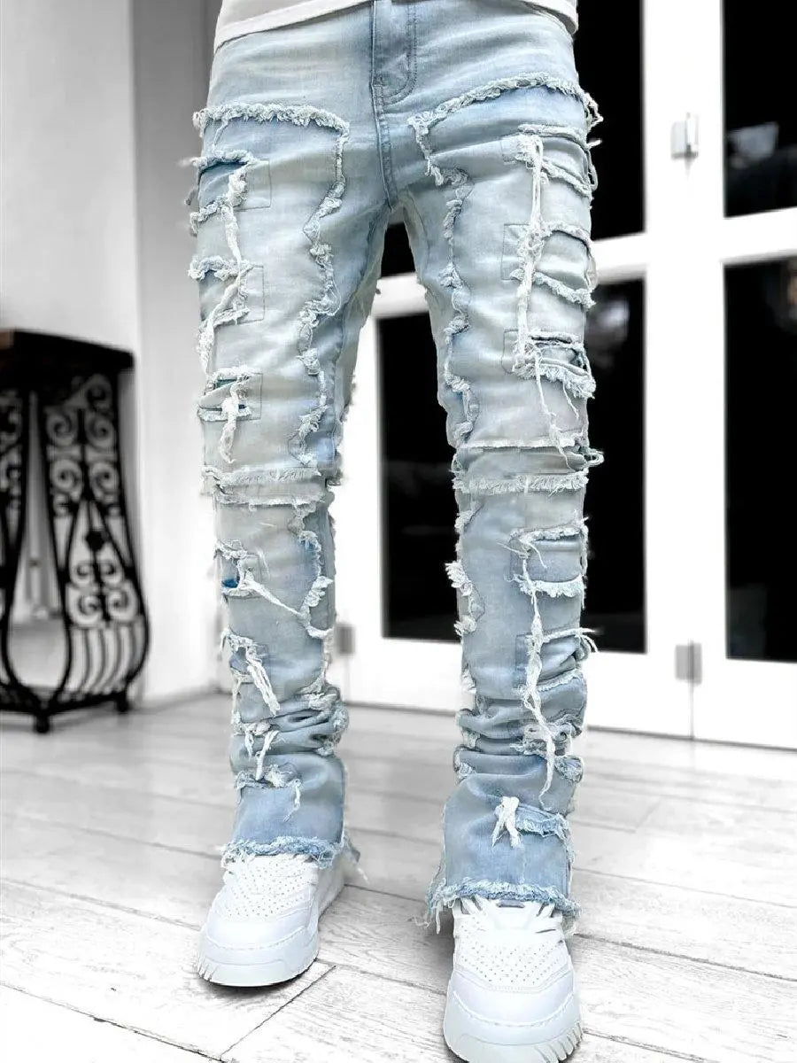 Men Streetwear Hip Hop Stacked Spliced Slim Straight Jeans Pants Male Stylish Motorcycle Biker Denim Trousers