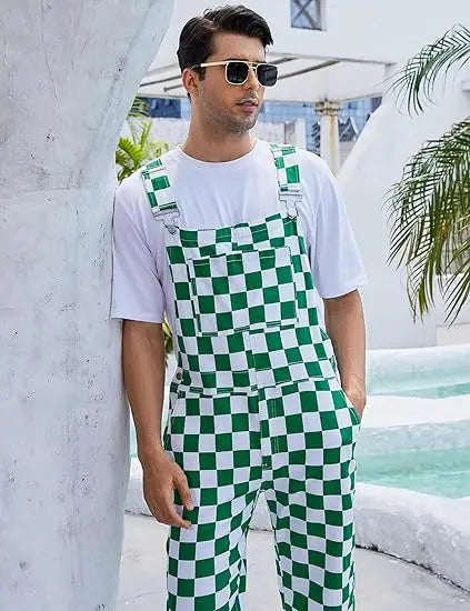 YUANBANG Men's Stretch Denim Overalls, St. Patrick's Day Coveralls, Green Checkered Bibs Workwear, Stylish Menswear with Zipper Closure