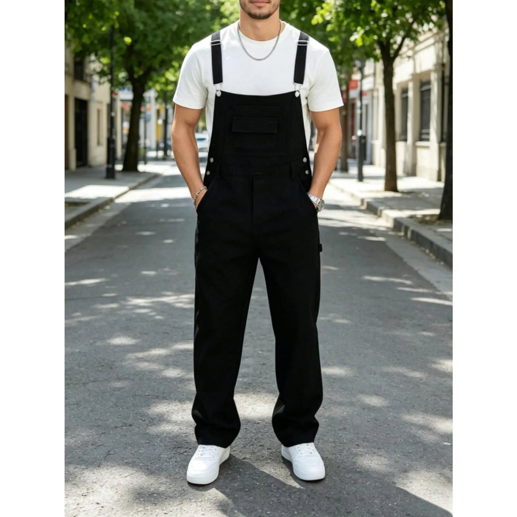 1 pair of men's denim overalls, multifunctional and multi pocket trendy high street minimalist style one-piece straight leg pants, suitable for all seasons, Casual, Menswear, Clothes