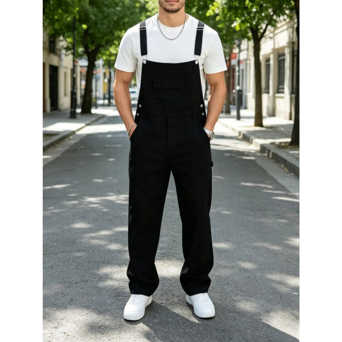 1 pair of men's denim overalls, multifunctional and multi pocket trendy high street minimalist style one-piece straight leg pants, suitable for all seasons, Casual, Menswear, Clothes