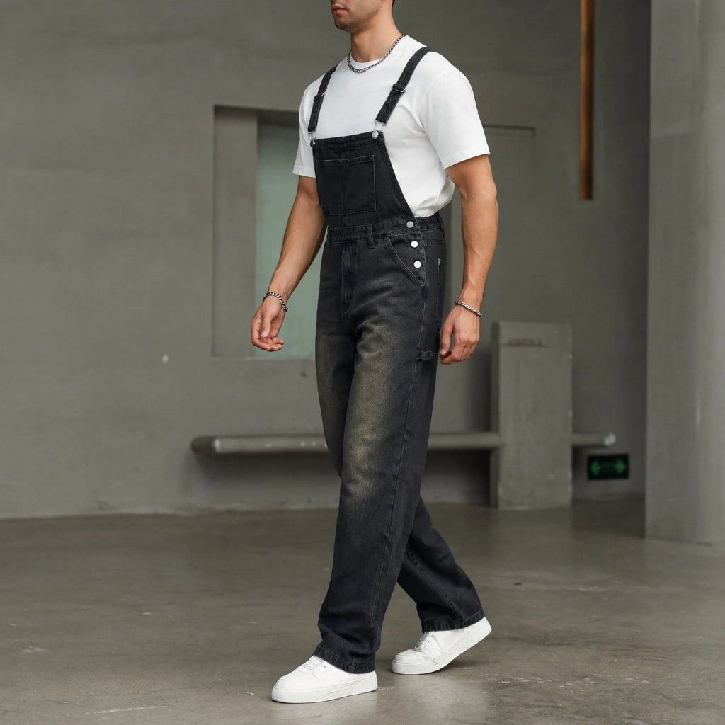 Men's Loose Fit Denim Bib Overalls - Vintage Mud Wash Black Blue Wide Leg Dungarees with Bib Pocket, Chunky Drape Retro Grunge Skater Streetwear, Chic Summer Casual Distressed Workwear Jumpsuit