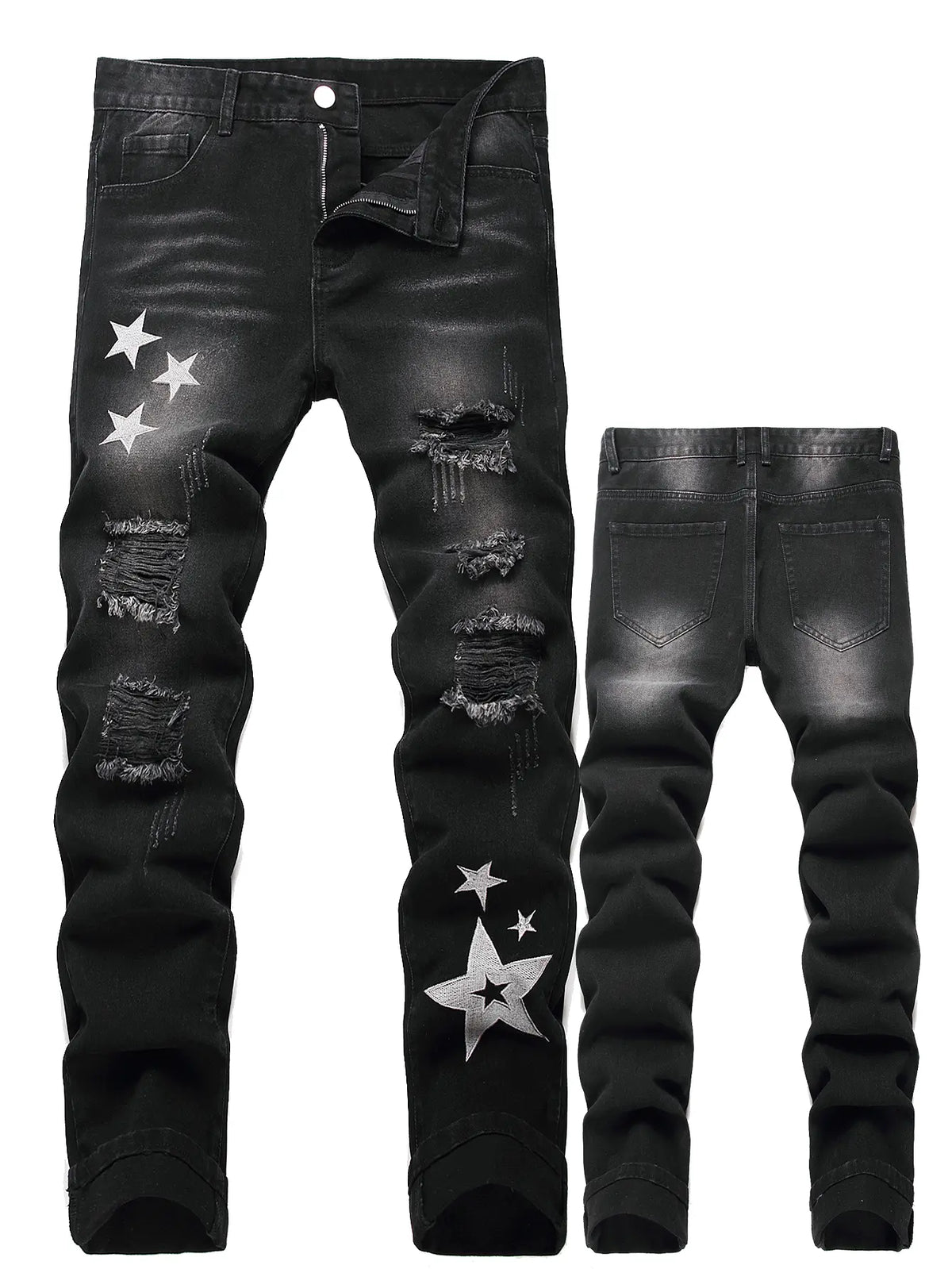 Men's Classic Cotton Distressed Retro Foldable Straight Leg Denim Jeans - 4-Season Comfortable Casual Bottoms with Zipper, Durable Fabric, Pockets, Embroidery, Buttons, Ideal for Retro Street, Halloween, Thanksgiving, Easter, Valentine's Day