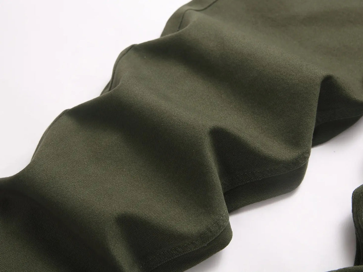 Men's Chic Solid Plain Military Green Cargo Pants - Adjustable Straps, Durable Fabric, Loose Straight-Leg, Year-Round Outdoor Casual Long Menswear Bottoms with Suspender Buttons, Multi-Size
