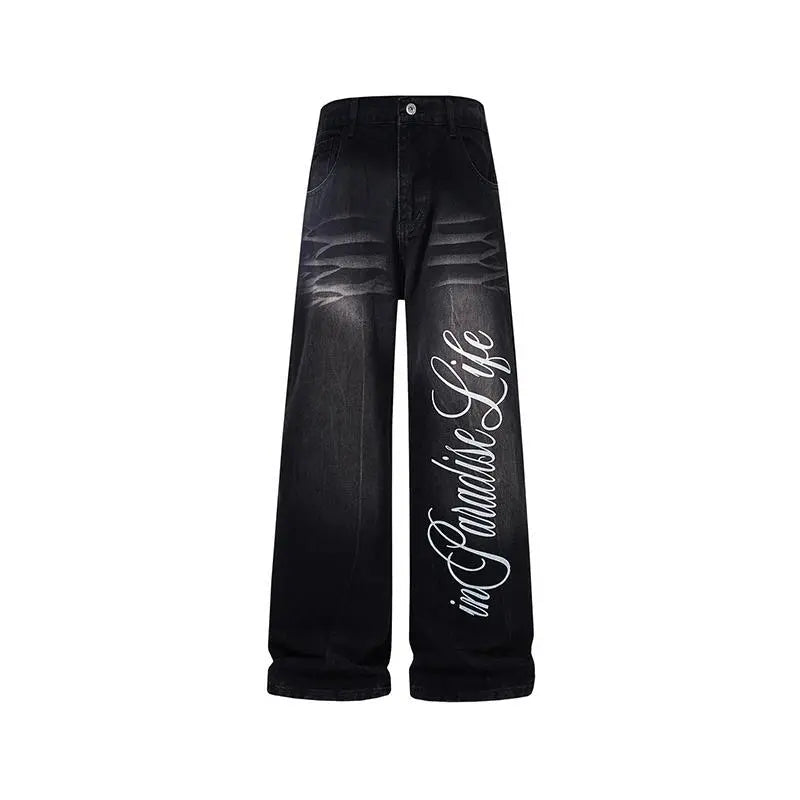 Men's High Cotton Vintage Washed Wide Leg Jeans, Large Cursive Paradise in Life Letter Print Distressed Baggy Denim Pants, Y2K Hip Hop Streetwear Loose Fit Casual Everyday Denim Trousers for Men
