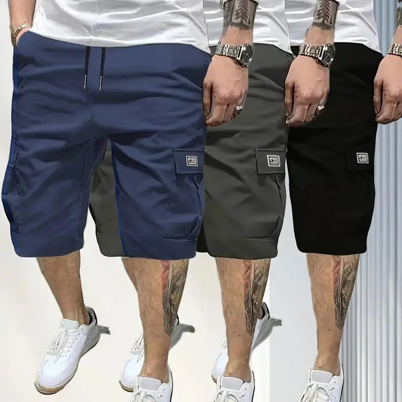 Men's Plus Size 3-Piece Plain Shorts Set - Earth Yellow, Black, Gray, Blue, Knee Length, Polyester, Slanted Pockets, Menswear, Sportswear, Activewear, Athletic, Versatile Casual Summer Outing & Travel Wear