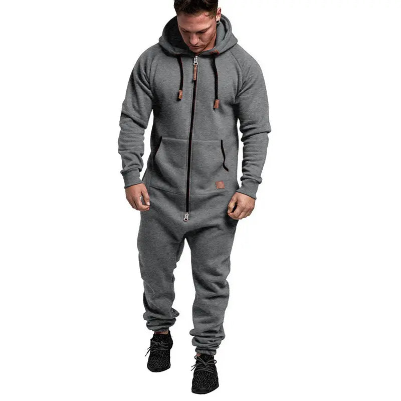 Men’s Polyester Fleece Hooded Overalls - Smooth, Simple, Relaxed Fit Loose 1-Piece Outdoor Menswear Outfit for Super Warm Wear