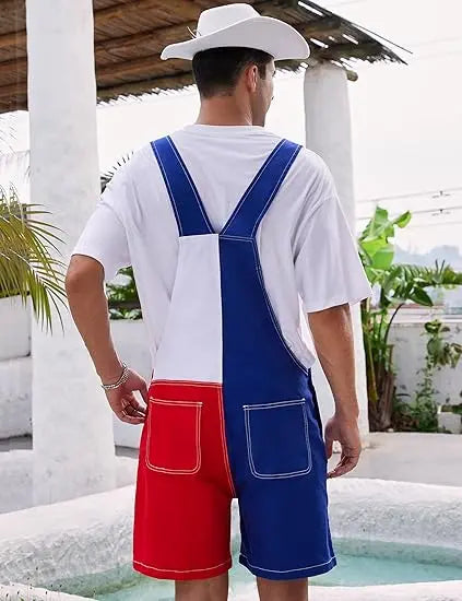 OPDNBON Texas Flag Stretch Bib Overalls for Men Adjustable Straps Work Coveralls Patriotic Printed Shorts Jumpsuit