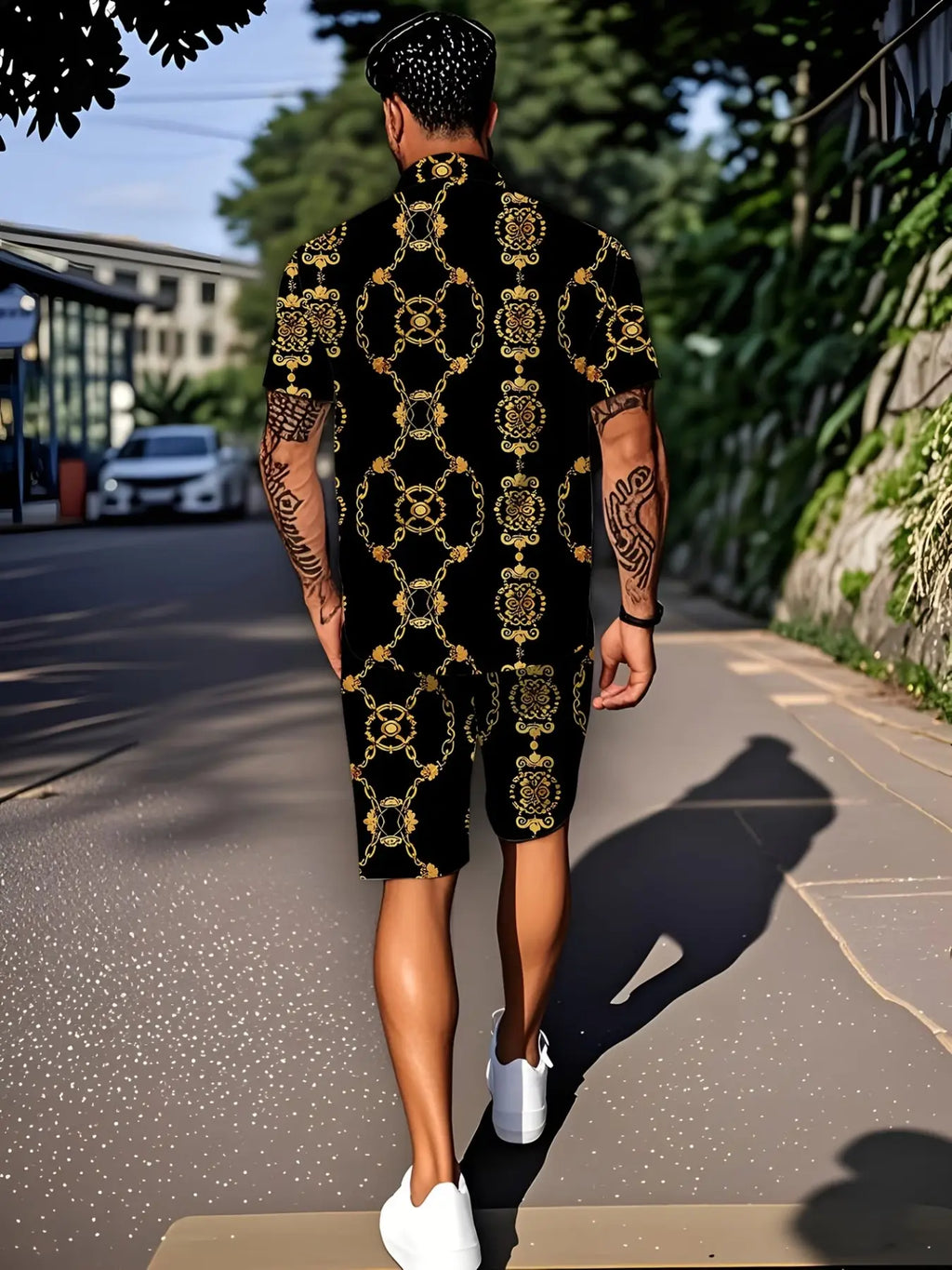 Men's Gold Geometric Pattern Romper, Summer Ready Tropical Casual Fashion Beachwear, Summer Clothes, Short Pants, Slim-Fitting, Graphic Design, Menswear