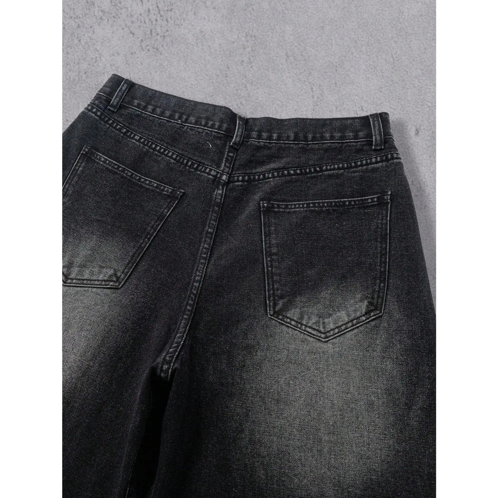 Men's Y2K Distressed Flame Baggy Jeans - Menswear Retro Casual Swag Clothes Products, Vintage Washed Black Denim, Frayed Patchwork, Streetwear Wide Leg Pants for Concert, Festival