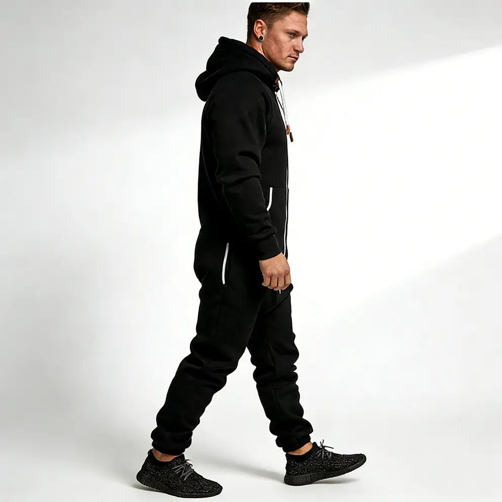 Men’s Polyester Fleece Hooded Overalls - Smooth, Simple, Relaxed Fit Loose 1-Piece Outdoor Menswear Outfit for Super Warm Wear