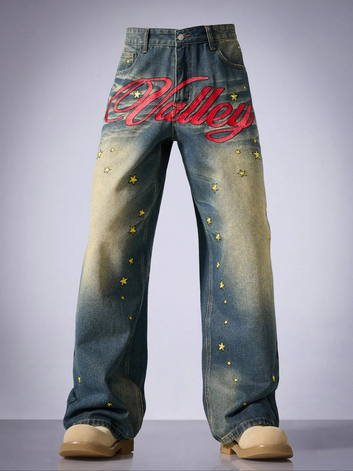 Men's Vintage Washed Leg Jeans, Casual Loose Fit Denim Jeans, Trendy Letter Embroidery, Relaxed Fit Jeans, All Seasons Wear, Vintage Inspired Jeans