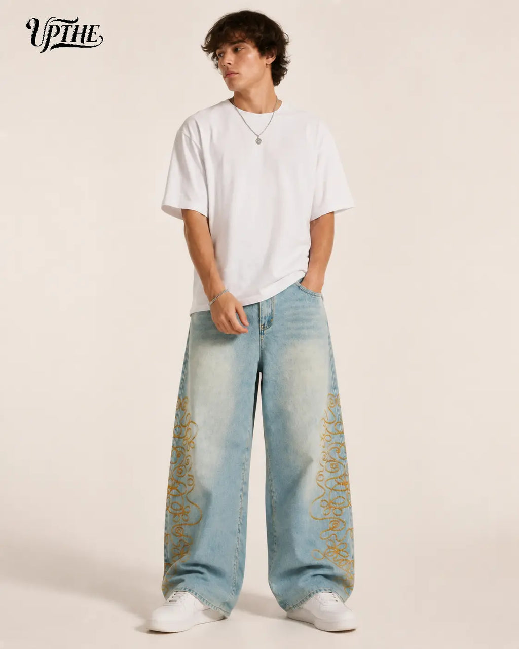 Men's Vintage Light-Wash Swirl Embroidery Floor-Length Baggy Wide-Leg Jeans - Retro Streetwear, Teenage Dirtbag Aesthetic Daily Casual Trousers