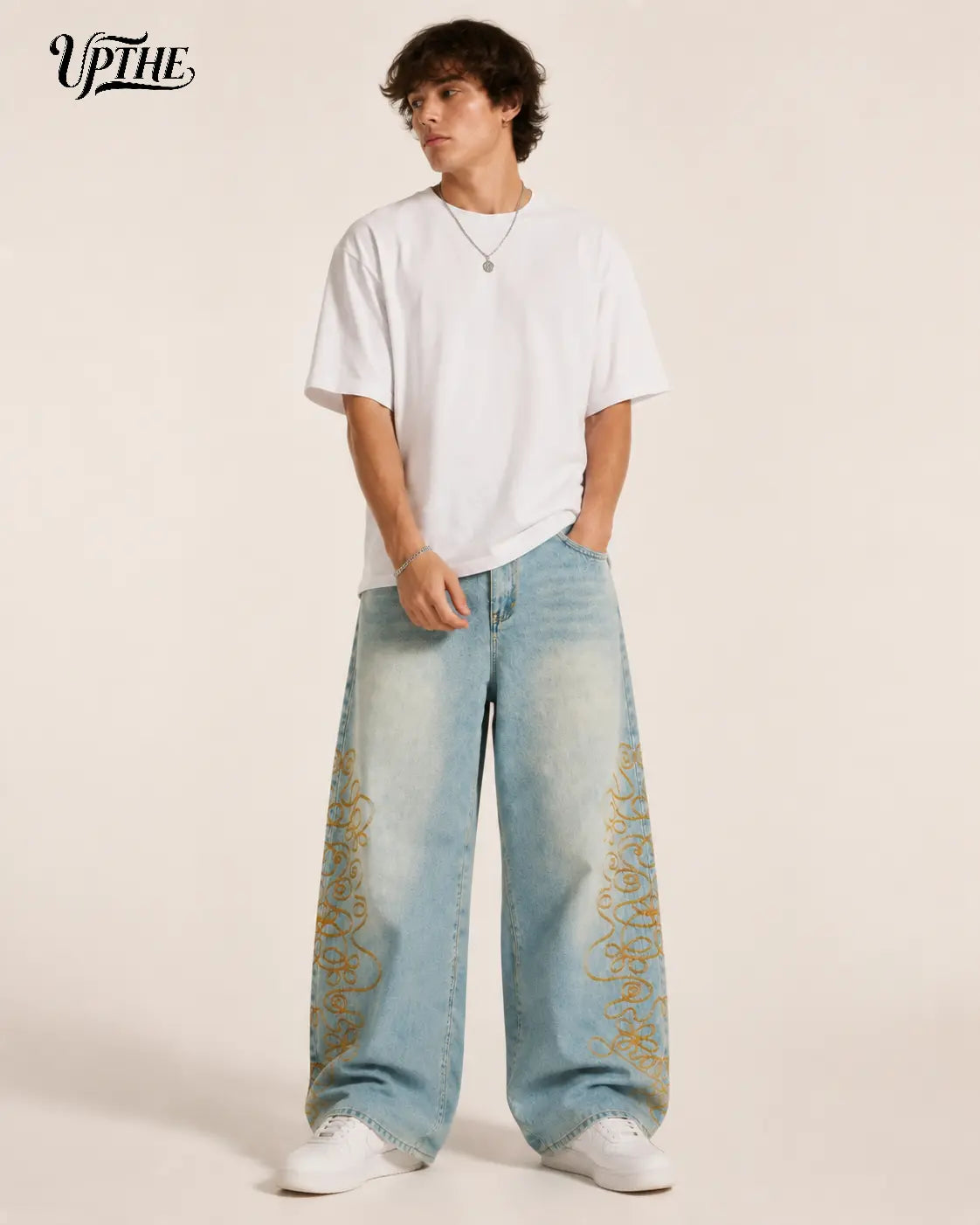 Men's Vintage Light-Wash Swirl Embroidery Floor-Length Baggy Wide-Leg Jeans - Retro Streetwear, Teenage Dirtbag Aesthetic Daily Casual Trousers