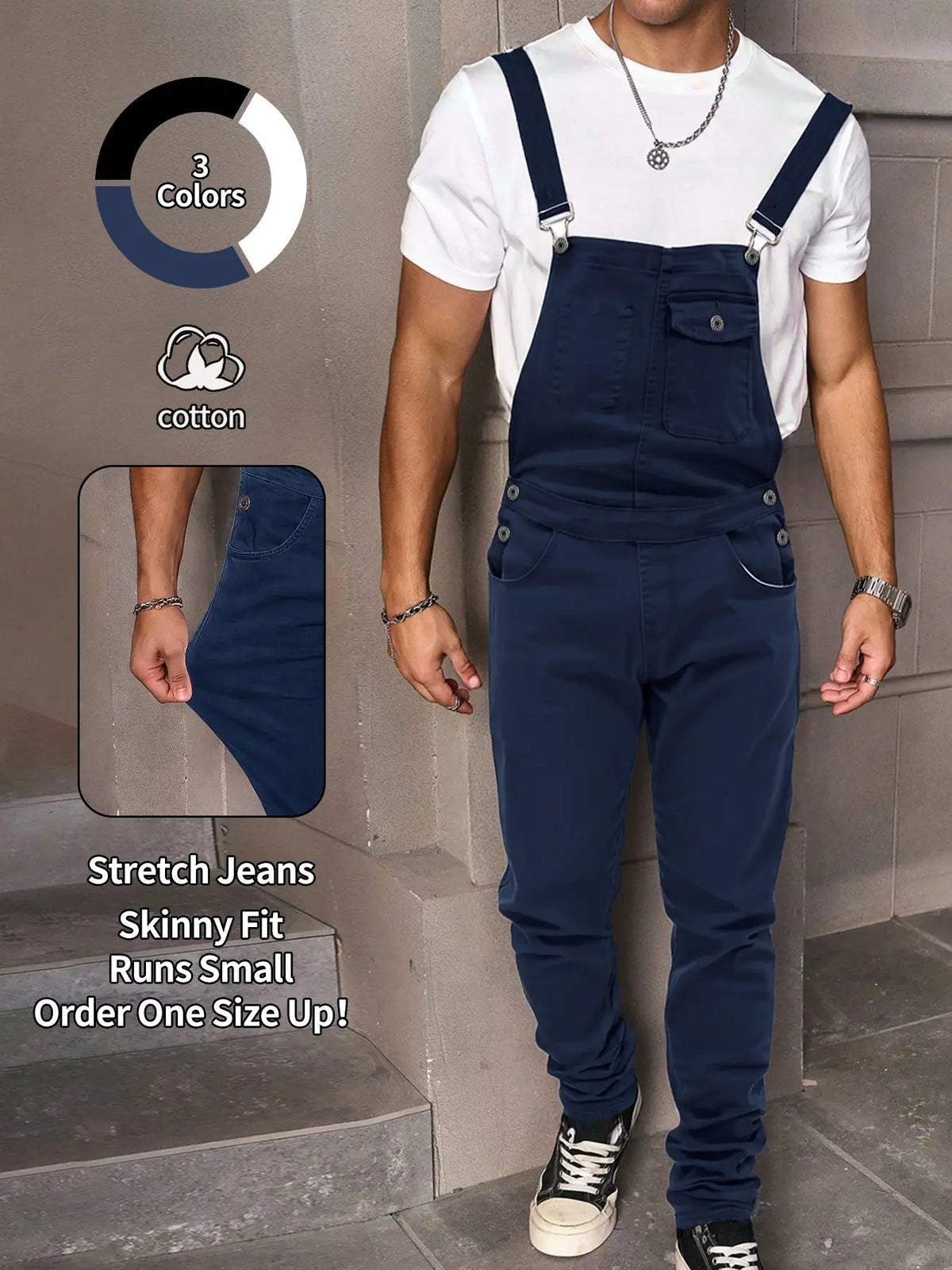 Men's Fashion Slim Fit Denim Jumpsuit, Elastic Jean Fabric Adjustable Straps & Pockets, Workwear Overall, All Seasons Casual Washed Harem Jumpsuit