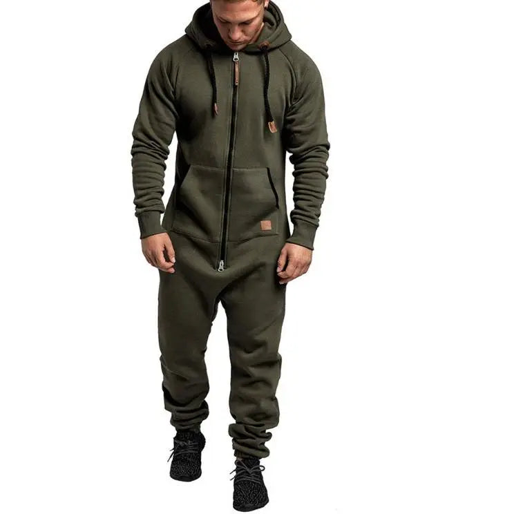 Men’s Polyester Fleece Hooded Overalls - Smooth, Simple, Relaxed Fit Loose 1-Piece Outdoor Menswear Outfit for Super Warm Wear