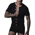 Men's Soft Cotton Blend Stretchy Knitting Short Sleeve Henley Overalls - Round Neck, Button-Front, Relaxed Boxers Bottoms, Minimalist Fit, Activewear, All-Seasons Casual Homewear Streetwear
