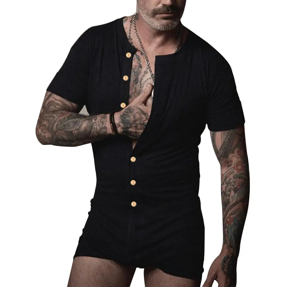 Men's Soft Cotton Blend Stretchy Knitting Short Sleeve Henley Overalls - Round Neck, Button-Front, Relaxed Boxers Bottoms, Minimalist Fit, Activewear, All-Seasons Casual Homewear Streetwear