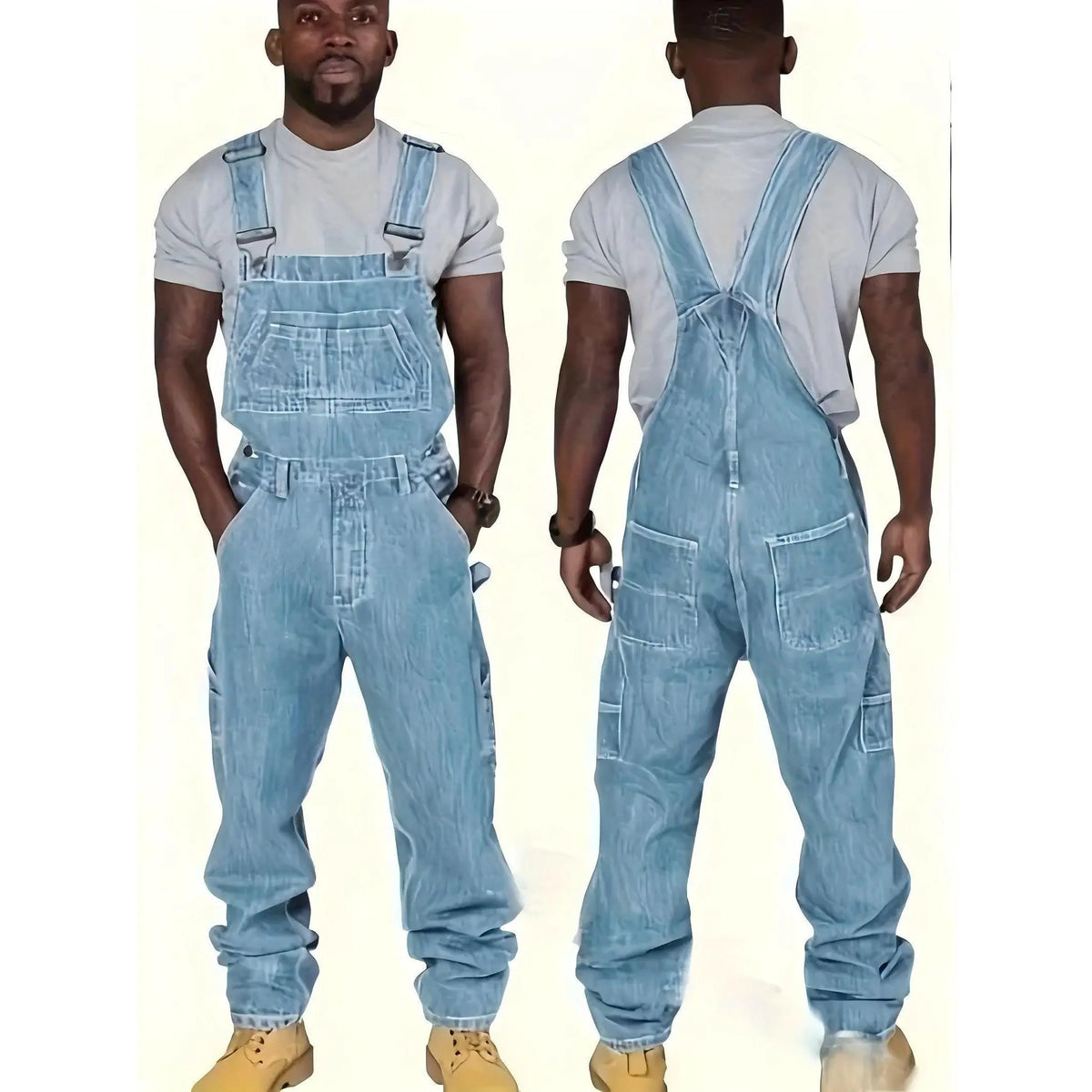 Men's Cotton Woven Bib Denim Overalls - Hoodie-Inspired, Ripped Edge, Simple, Versatile, Plain Classic, Long Pants, Full Coverage, 3XL, Casual Menswear with Shirt Design, All-Season Wear