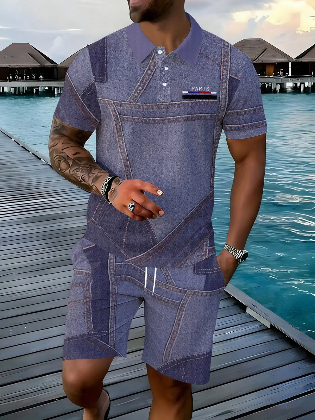 Men's Patchwork Romper, Casual Workwear Style, Summer New Arrival, Short Sleeve Romper, Trendy Fashion, Above Knee Hem, Fitted Design