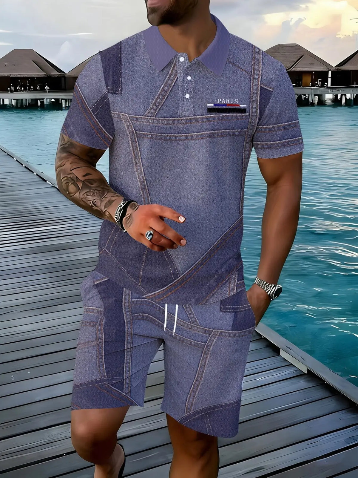 Men's Patchwork Romper, Casual Workwear Style, Summer New Arrival, Short Sleeve Romper, Trendy Fashion, Above Knee Hem, Fitted Design