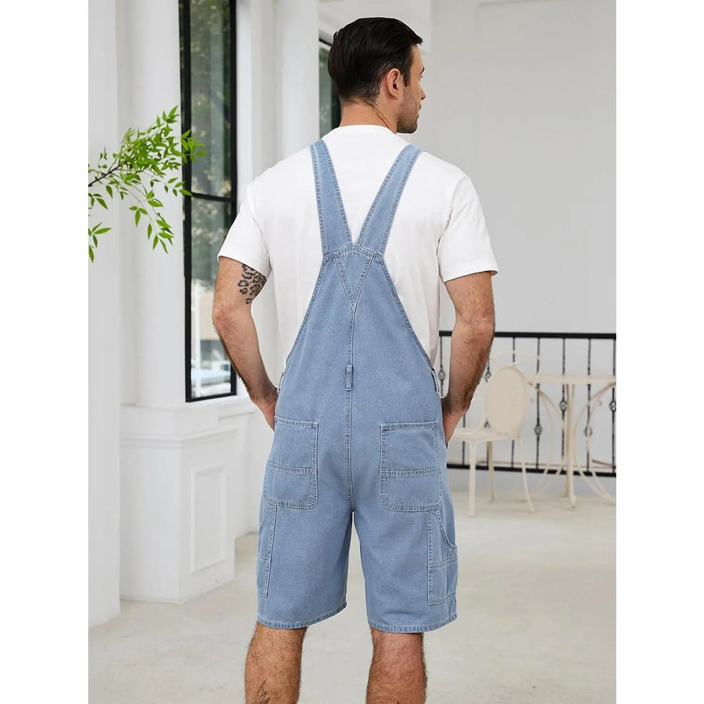 Men's Sleeveless Plain Denim Bib Overall Shorts - Casual Loose Fit Utility Work Jumpsuit with Multi-Functional Pockets (Bib, 2 Side, Cargo, 2 Back), Zip, Standard Sizes for Summer Menswear, 2 Side Pockets