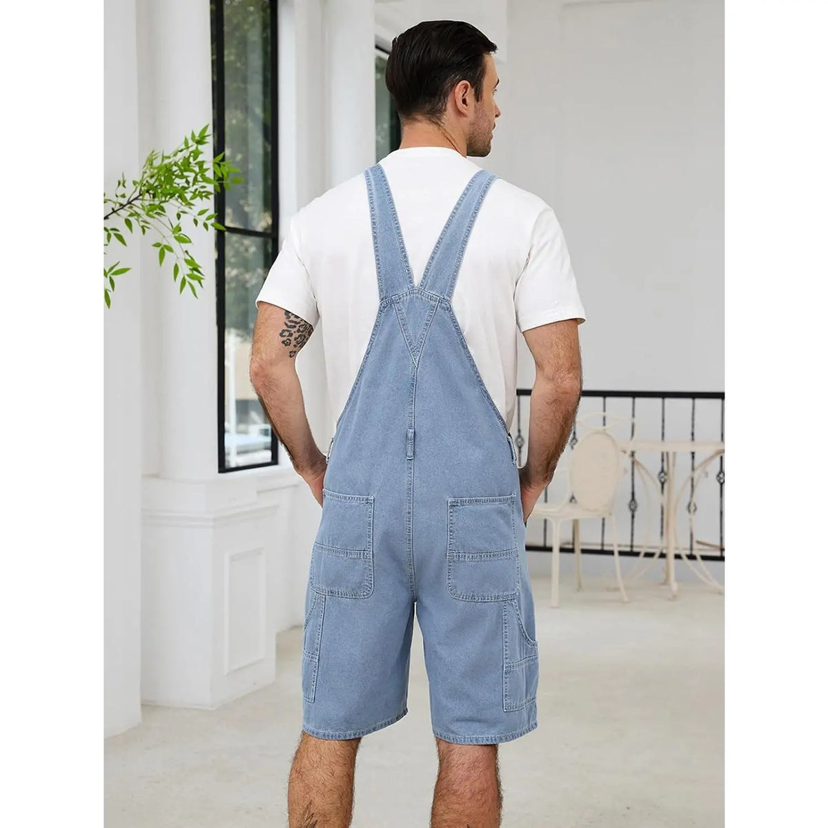 Men's Sleeveless Plain Denim Bib Overall Shorts - Casual Loose Fit Utility Work Jumpsuit with Multi-Functional Pockets (Bib, 2 Side, Cargo, 2 Back), Zip, Standard Sizes for Summer Menswear, 2 Side Pockets