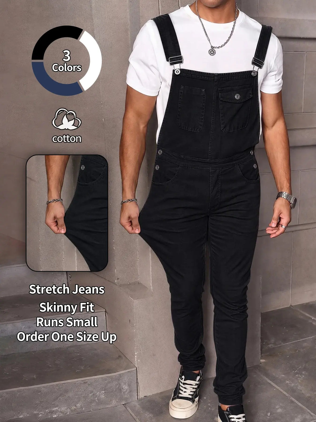 Men's Casual Denim Jumpsuit, Elastic Stretch Jean Fabric Adjustable Straps & Pockets, Workwear Overall, All Seasons, Button Fly, Fitted Style
