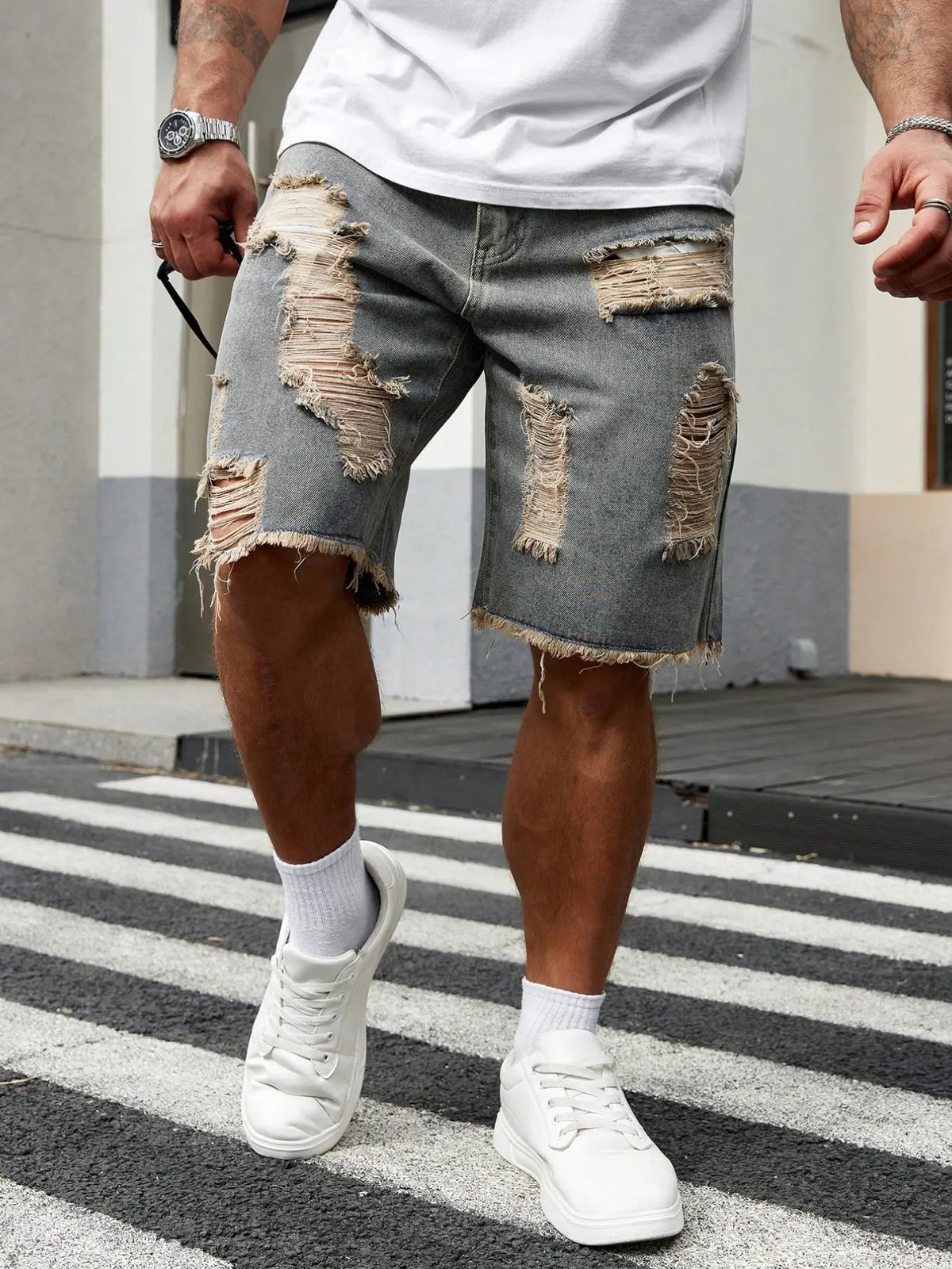 Men's Plain Ripped Distressed Frayed Hem Denim Shorts, Loose-Fit Menswear Streetwear for All Seasons, Perfect for Casual Outings, Commute & Vacation, Emo Aesthetic Style