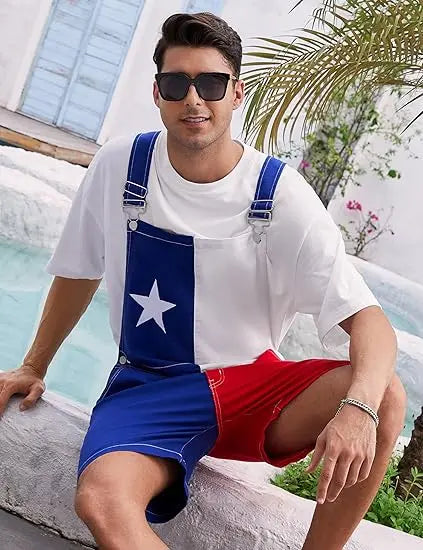 OPDNBON Texas Flag Stretch Bib Overalls for Men Adjustable Straps Work Coveralls Patriotic Printed Shorts Jumpsuit