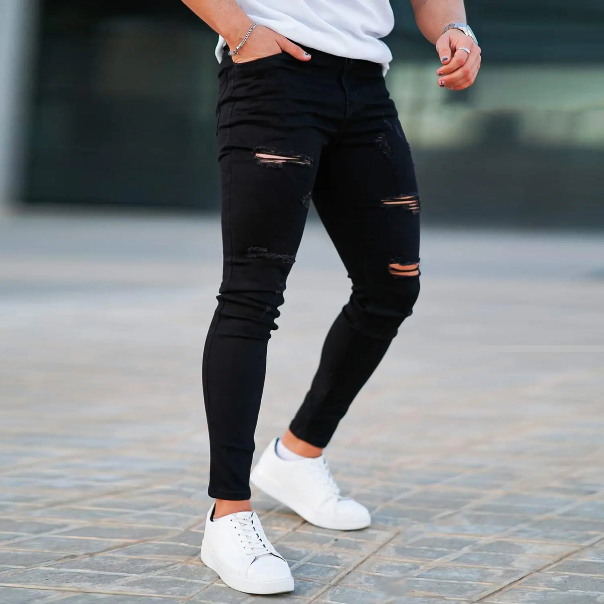 GINGTTO Men's Ripped Skinny Jeans Stretch Slim Fit Tapered Leg Denim Pants