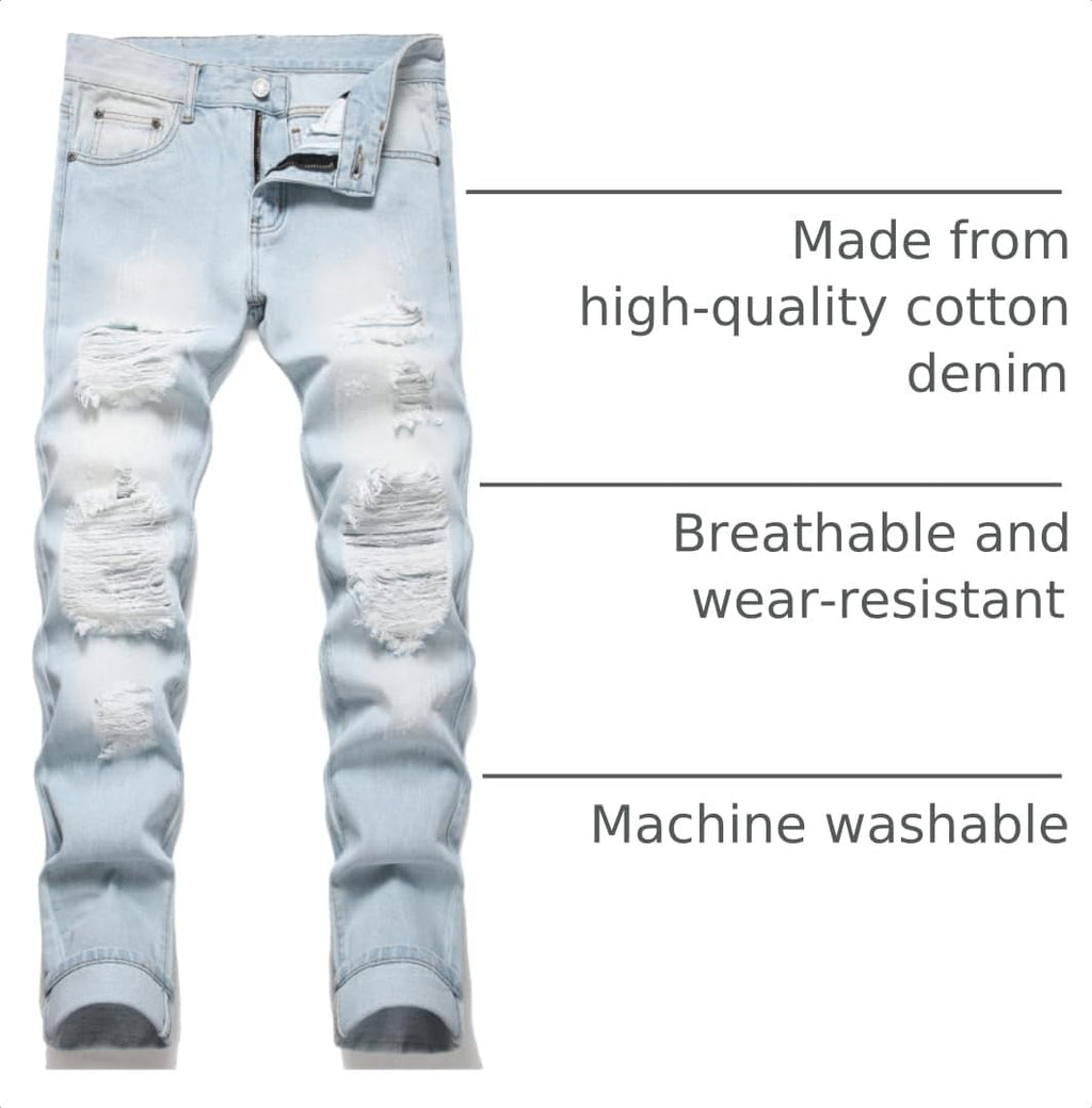 OIIIO Men's Ripped Slim Fit Straight Leg Jean Denim Pant
