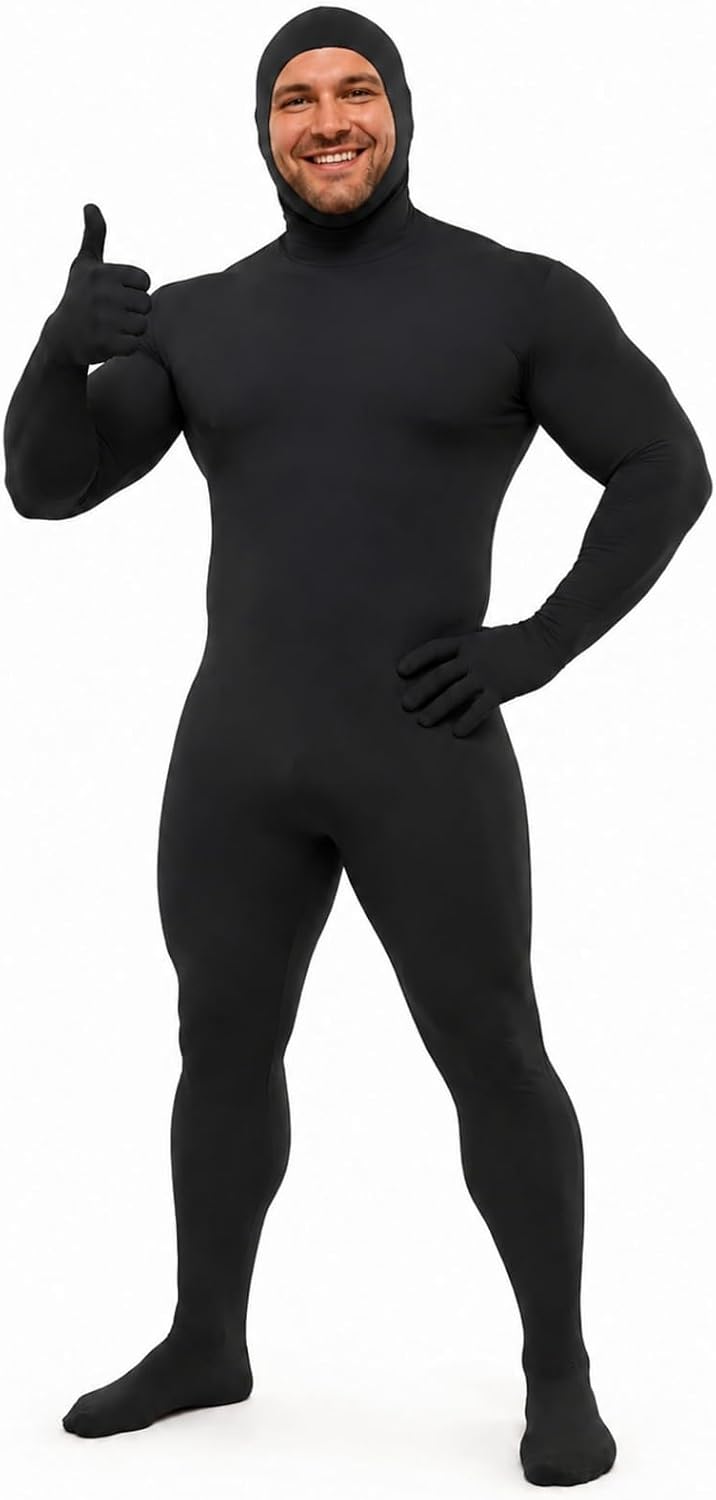Unisex Adult Orange Bodysuit Halloween Costume with Mustache and Eyebrows