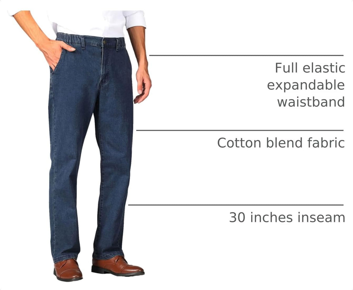Soojun Mens Elastic Waist Jeans Relaxed Fit with Zipper and Button