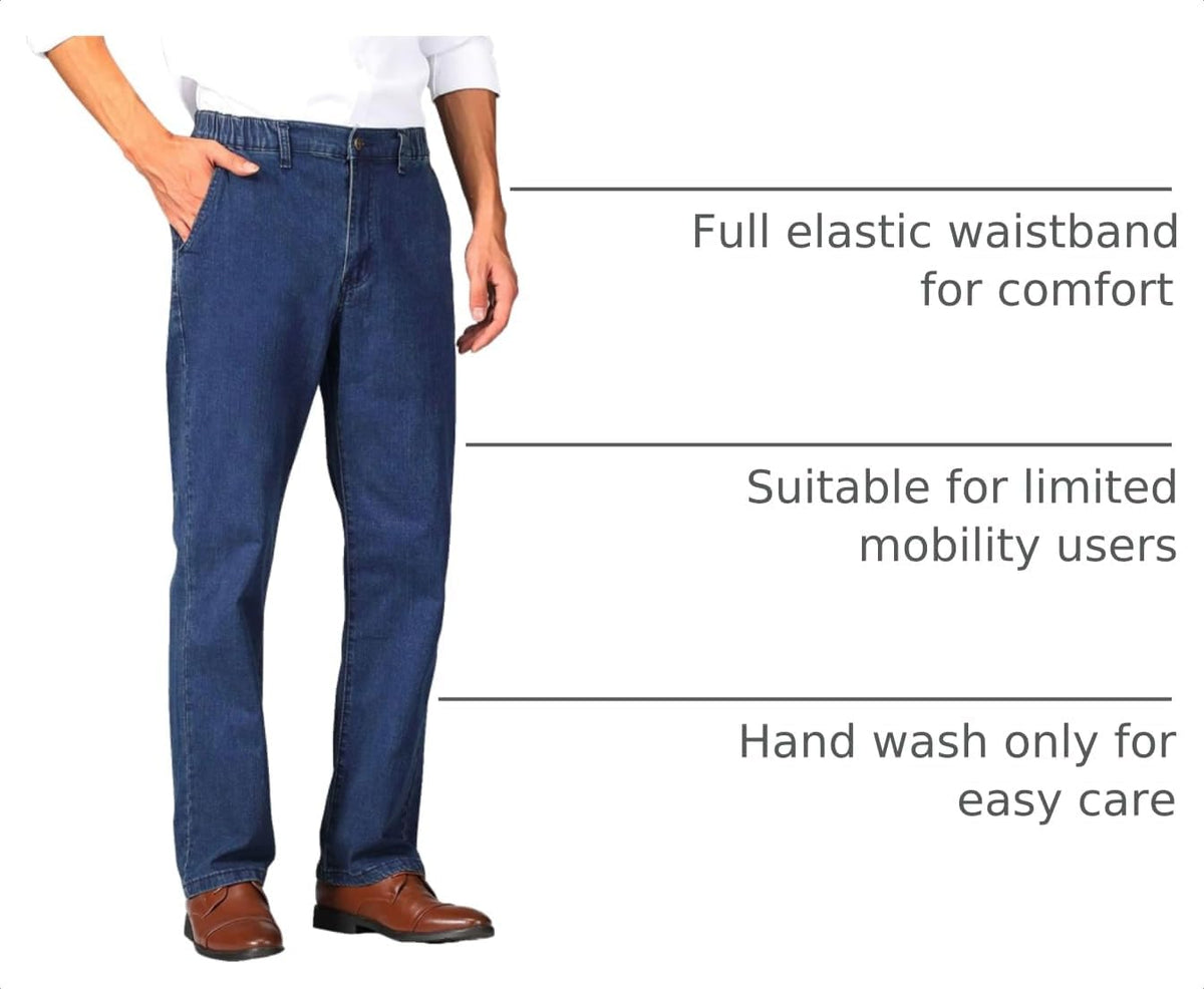 Soojun Mens Elastic Waist Jeans Relaxed Fit with Zipper and Button