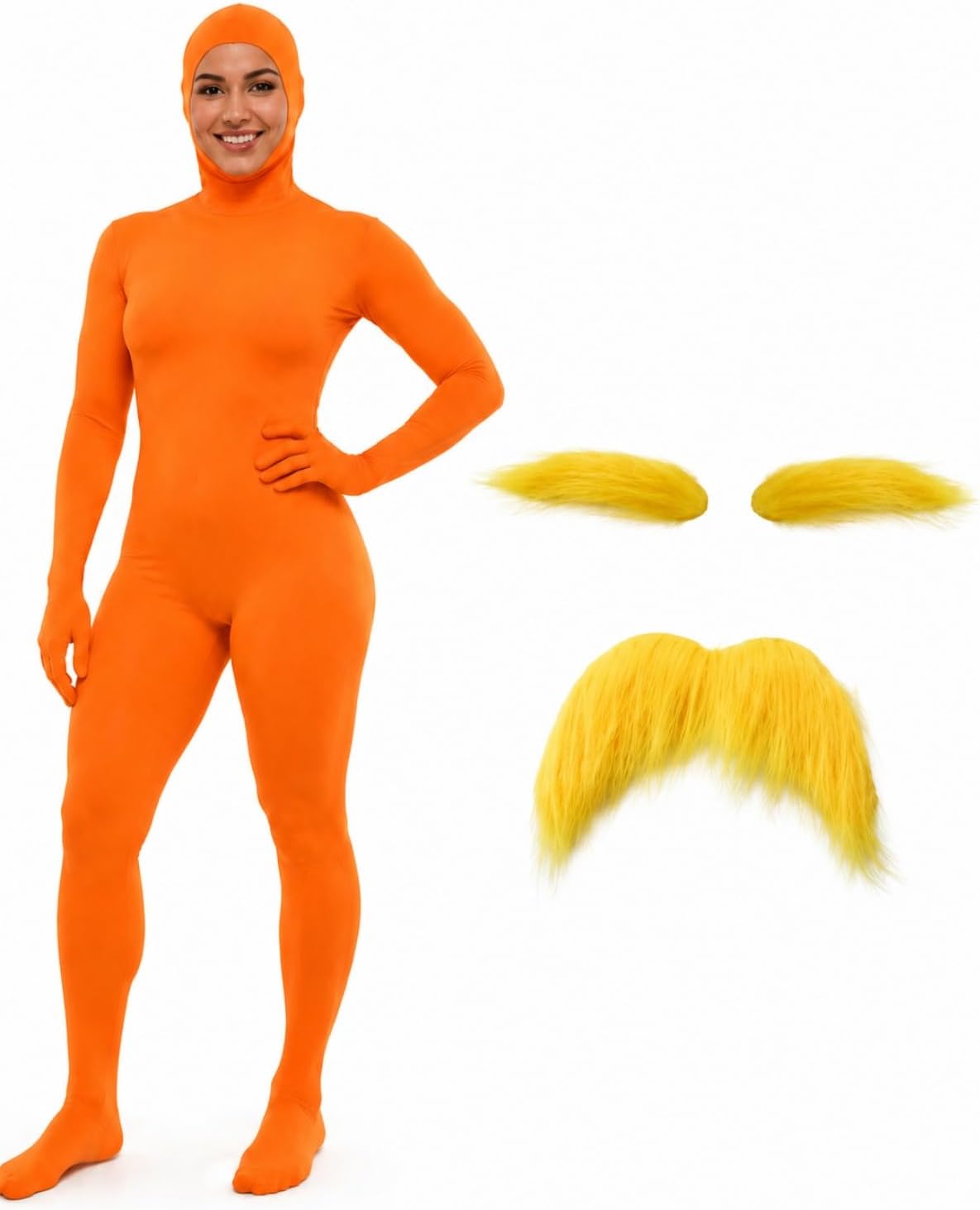 Unisex Adult Orange Bodysuit Halloween Costume with Mustache and Eyebrows