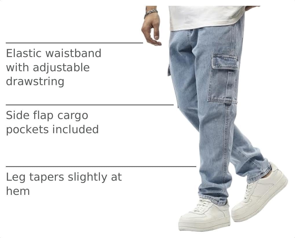 JMIERR Men's Elastic Waist Cargo Jeans Stretch Denim Pants with Drawstring Straight Leg for Casual Daily Wear