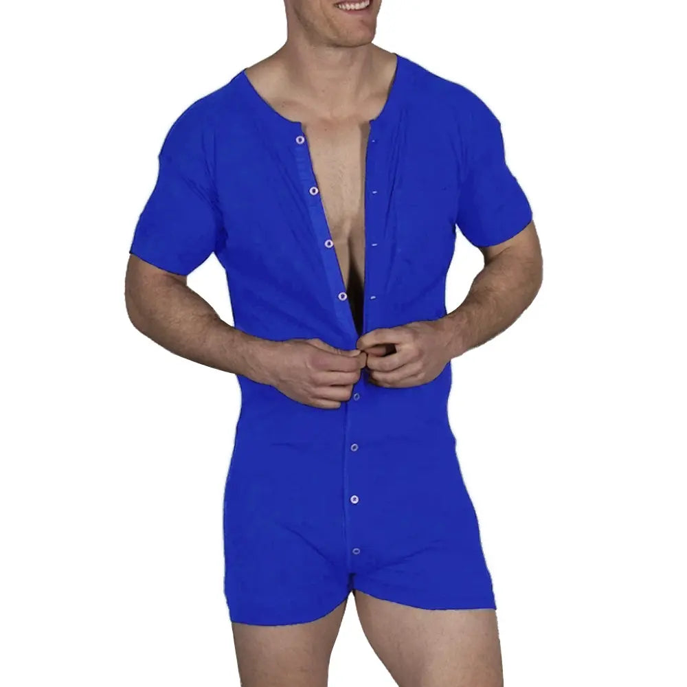 Men's Soft Cotton Blend Stretchy Knitting Short Sleeve Henley Overalls - Round Neck, Button-Front, Relaxed Boxers Bottoms, Minimalist Fit, Activewear, All-Seasons Casual Homewear Streetwear