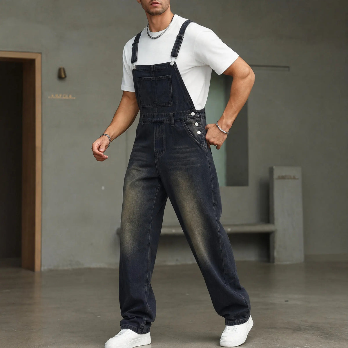 Men's Loose Fit Denim Bib Overalls - Vintage Mud Wash Black Blue Wide Leg Dungarees with Bib Pocket, Chunky Drape Retro Grunge Skater Streetwear, Chic Summer Casual Distressed Workwear Jumpsuit