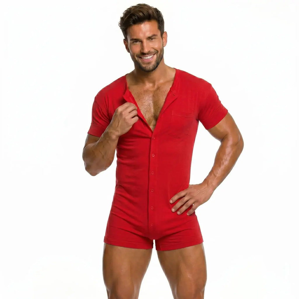 Men's Soft Cotton Blend Stretchy Knitting Short Sleeve Henley Overalls - Round Neck, Button-Front, Relaxed Boxers Bottoms, Minimalist Fit, Activewear, All-Seasons Casual Homewear Streetwear