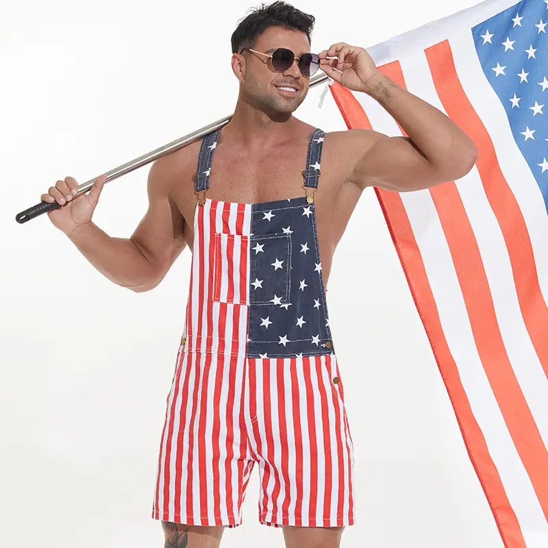 YUANBANG Men's Patriotic Denim Overalls - Fashion Casual, Casual Chic, Breathable Fabric, American Flag Design, Zipper Closure Bibs, Overalls Shorts Jumpsuit, 4th of July Menswear, Fashion Casual Overalls, Patriotic Jumpsuit