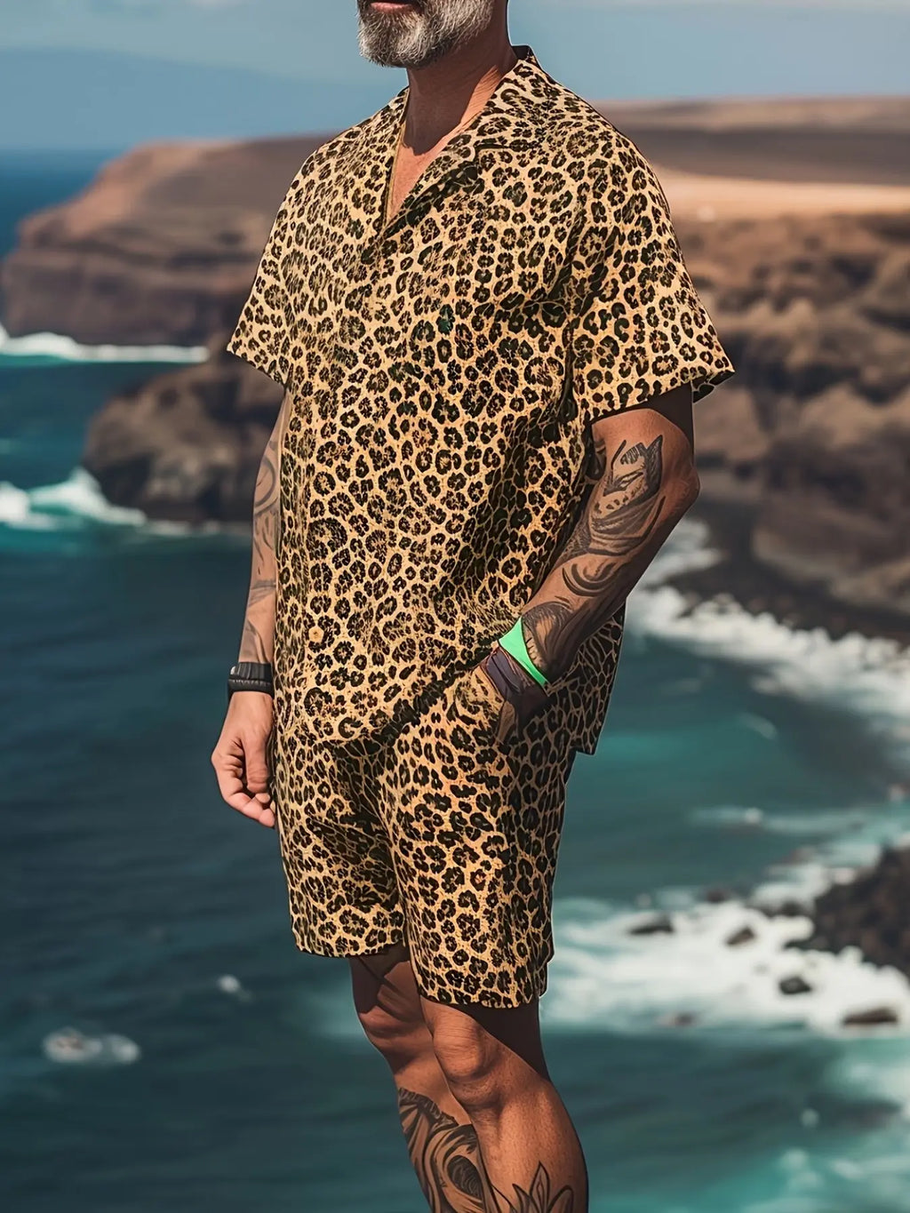 Men's Leopard Print Short Sleeve Collared Romper, Summer Tropical Casual Fashion Set, Breathable Comfort Trendy Piece, Slim-Fitting Graphic Blouse, Menswear, Clothing Sets