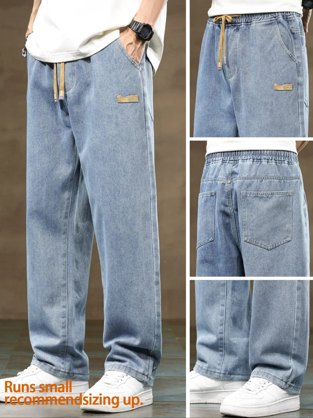 Men's drawstring elastic waist straight leg Pocket jeans solid color casual versatile non stretch denim pants, fit straight leg version, suitable for all seasons