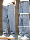 Men's drawstring elastic waist straight leg Pocket jeans solid color casual versatile non stretch denim pants, fit straight leg version, suitable for all seasons