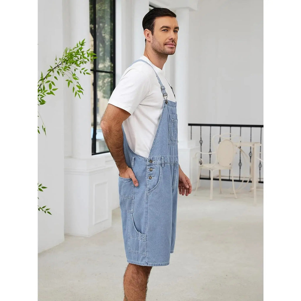 Men's Sleeveless Plain Denim Bib Overall Shorts - Casual Loose Fit Utility Work Jumpsuit with Multi-Functional Pockets (Bib, 2 Side, Cargo, 2 Back), Zip, Standard Sizes for Summer Menswear, 2 Side Pockets