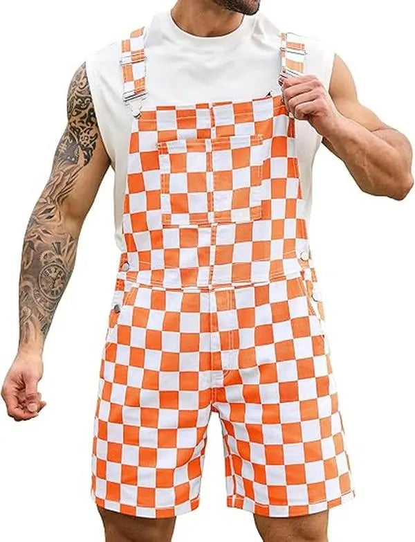 OPDNBON Christmas Checkered Bib Overalls for Men and Women Thanksgiving Stretchy Denim Adjustable Straps Jumpsuit Shorts Work Coveralls Football Game Outfits Spring Fashion Menswear Womenswear