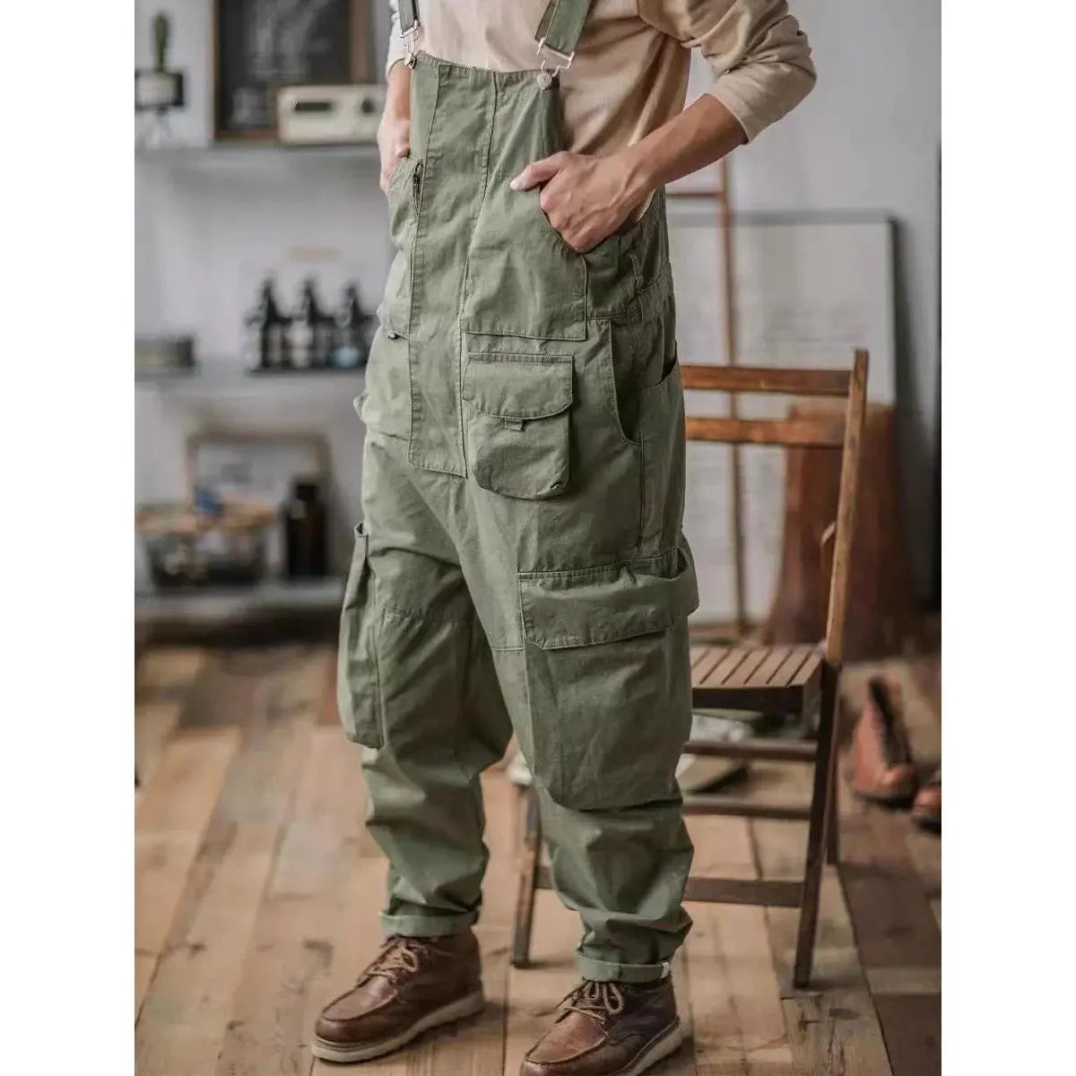 Men's Retro American Cotton Bib Overalls - Loose-Fit Full-Length Suspender Trousers with Pocket, Washable 4-Season Menswear Baggy Jumpsuit