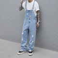 Men's Vintage Light Blue Button-Closure Heavy Washable Denim Overalls - Distressed Cotton Workwear Bib Trousers, No Skinny Fit Summer Casual Skater Baggy Jumpsuit