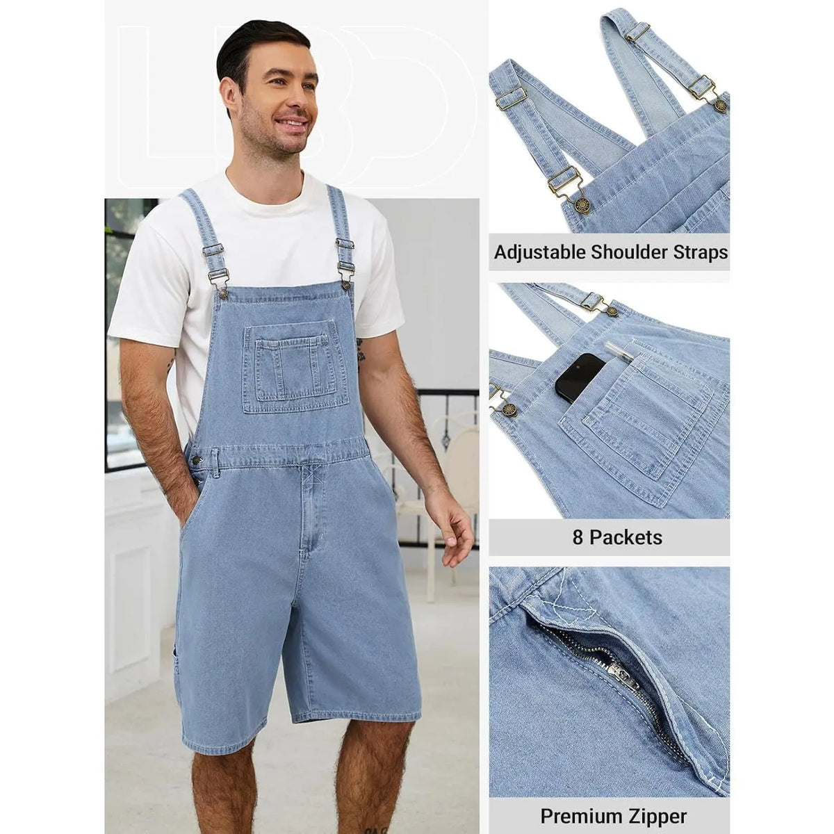 Men's Sleeveless Plain Denim Bib Overall Shorts - Casual Loose Fit Utility Work Jumpsuit with Multi-Functional Pockets (Bib, 2 Side, Cargo, 2 Back), Zip, Standard Sizes for Summer Menswear, 2 Side Pockets